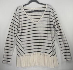 Maurices Waffle Knit Striped Peplum Top XL Cream Black Long Sleeve V Neck